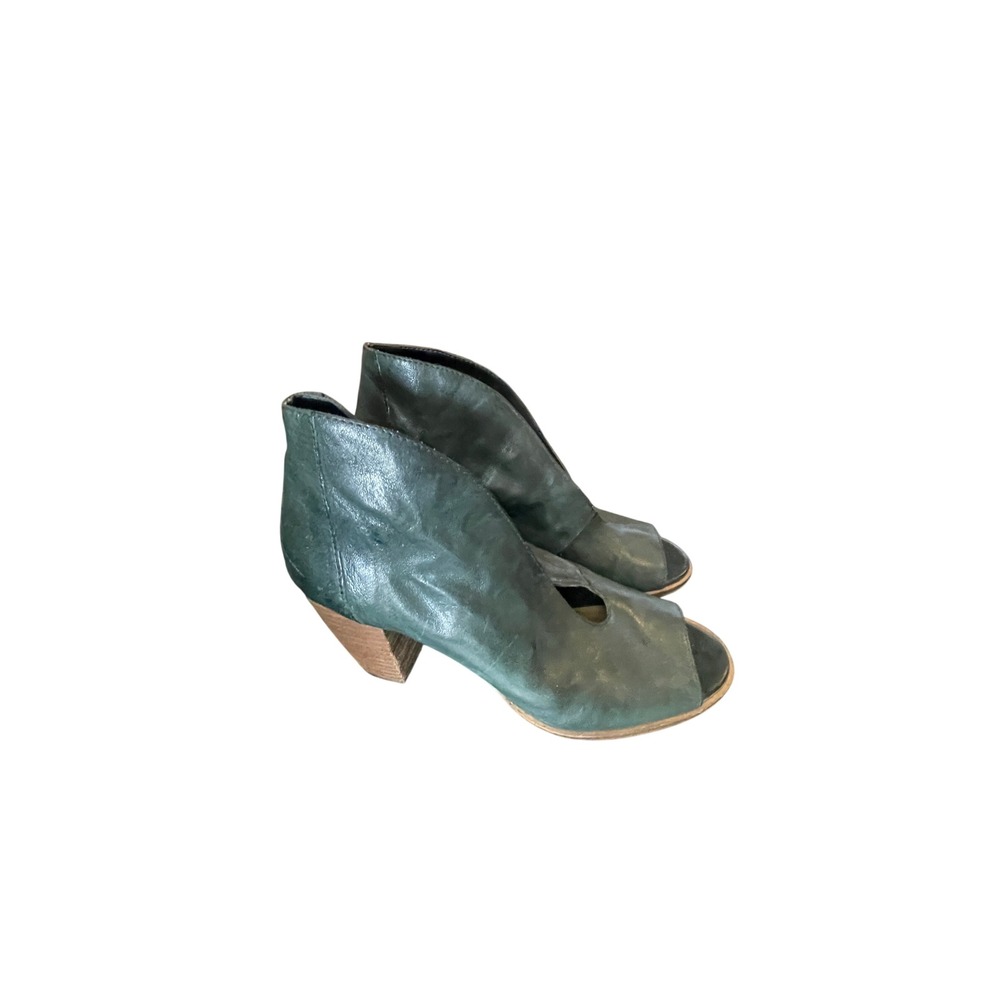 Lucky Brand Womens Joal Peep Toe Block Heel Booties 7M Green Boho Chic Leather